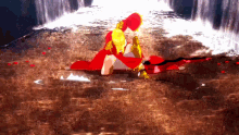 a painting of a woman in a red cape holding a sword in front of a waterfall
