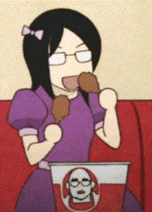 a girl in a purple dress is eating chicken from a kfc bucket