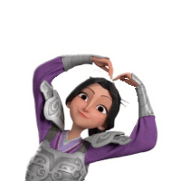 a cartoon character with a purple shirt and silver armor making a heart shape with her hands