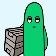 a green cartoon character is holding a clipboard and boxes