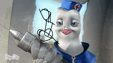 a cartoon character is holding a drill and wearing a blue hat .