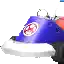 a close up of a blue and red toy tractor on a white background .
