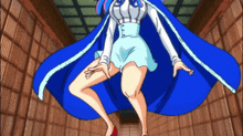 a cartoon of a woman wearing a blue cape and red heels