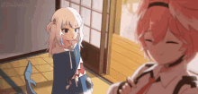 a drawing of a girl with a shark tail standing next to another girl with pink hair