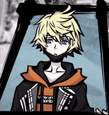 a cartoon character wearing a black and orange hoodie that says ' tier of jonb ' on it