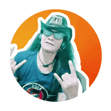 a man with long hair wearing a cowboy hat and sunglasses giving a middle finger