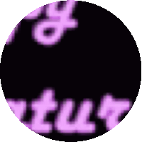 a close up of a circle with purple letters on a black background