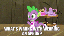 a cartoon of a dragon wearing an apron standing next to a tea cart .