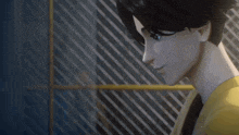 a close up of a person 's face with a striped background .