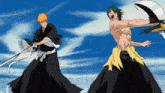 a man with green hair is holding a sword while standing next to another man with orange hair