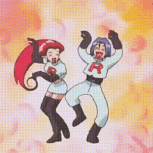 a man and a woman are dancing with the letter r on their uniforms .