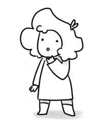 a black and white drawing of a woman with curly hair holding her hand to her chin .