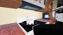 a computer generated image of a kitchen with a frying pan on a stove