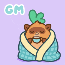 a cartoon drawing of a raccoon wrapped in a blanket with the word gm below it