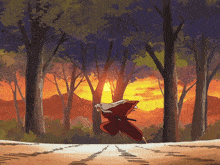a cartoon of a person running through a forest with the sun shining through the trees