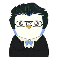 a penguin wearing glasses is holding a gold coin with an ethereum symbol on it