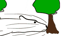 a black and white drawing of a tree and a rabbit