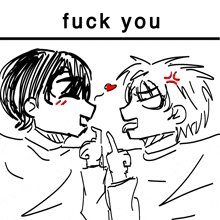 a drawing of two people with the words " fuck you " on the top