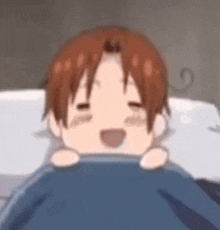 a close up of a cartoon character laying in bed with his eyes closed and a blue blanket .