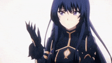 a girl with long blue hair and purple eyes is wearing a black outfit