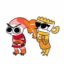 a couple of cartoon characters standing next to each other with one wearing a red and white striped shirt
