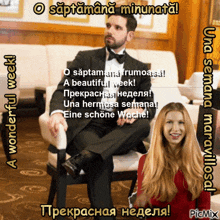 a man in a tuxedo is sitting next to a woman in a red shirt