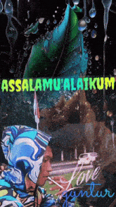 a painting of a man smoking a cigarette with the words assalamu ' alaikum written above him