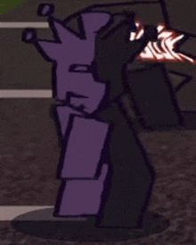 a purple and black cartoon character is standing on a sidewalk
