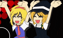 a cartoon of two girls with their arms in the air laughing