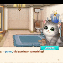 a cat in a room with a cowboy button