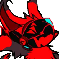 a cartoon drawing of a red and black monster with a helmet on