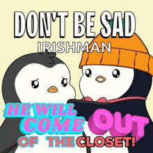 a poster with two penguins that says " do n't be sad irishman "