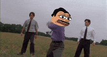 a cartoon of a man with a mustache and glasses is standing in a field with two other men