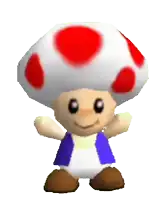 a cartoon character with a red and white mushroom hat and a purple vest
