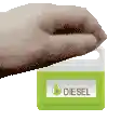 a hand is holding a green container with the word diesel on it