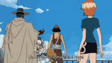 a group of anime characters are standing in front of a blue sky and one of them says no papa don 't shoot him papa