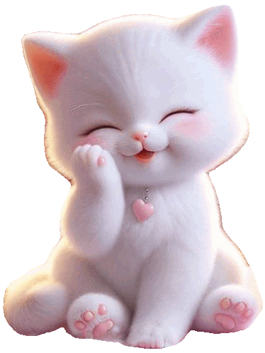 a white cat with pink paws and a heart necklace