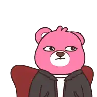 a cartoon drawing of a pink teddy bear wearing a black jacket