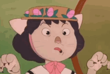 a cartoon cat girl wearing a hat with pink flowers on it is making a funny face .