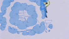 a drawing of a swirl of blue clouds with a person standing in the middle