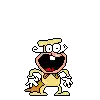 a pixel art drawing of a cartoon character with a cape and a big mouth .