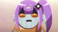 a cartoon character with purple hair has a ninja sword on her head
