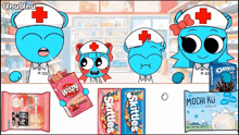 a group of cartoon characters holding skittles and oreos
