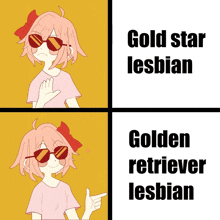 a cartoon of a girl wearing sunglasses says gold star lesbian