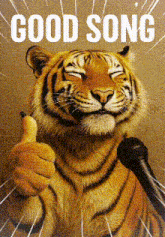 a tiger is singing into a microphone and giving a thumbs up sign