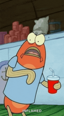a cartoon character is holding a red cup with a straw and the word inflamed below it