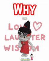 a cartoon girl is standing in front of a sign that says " why love laughter wisdom "