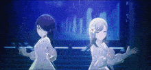 two anime girls standing next to each other in front of a city skyline