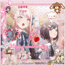 a picture of two anime girls with the words happy amerin day on the bottom