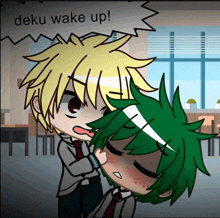 a cartoon character says deku wake up while holding another character